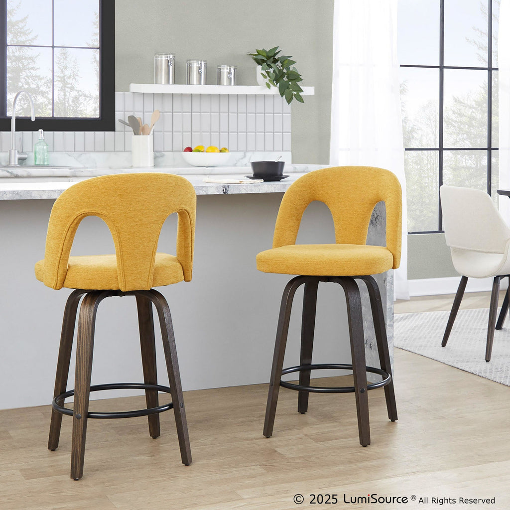 Ava Upholstered 26" Fixed-Height Counter Stool - Set of 2 - Walnut Glazed Wood, Yellow Fabric, Black Metal