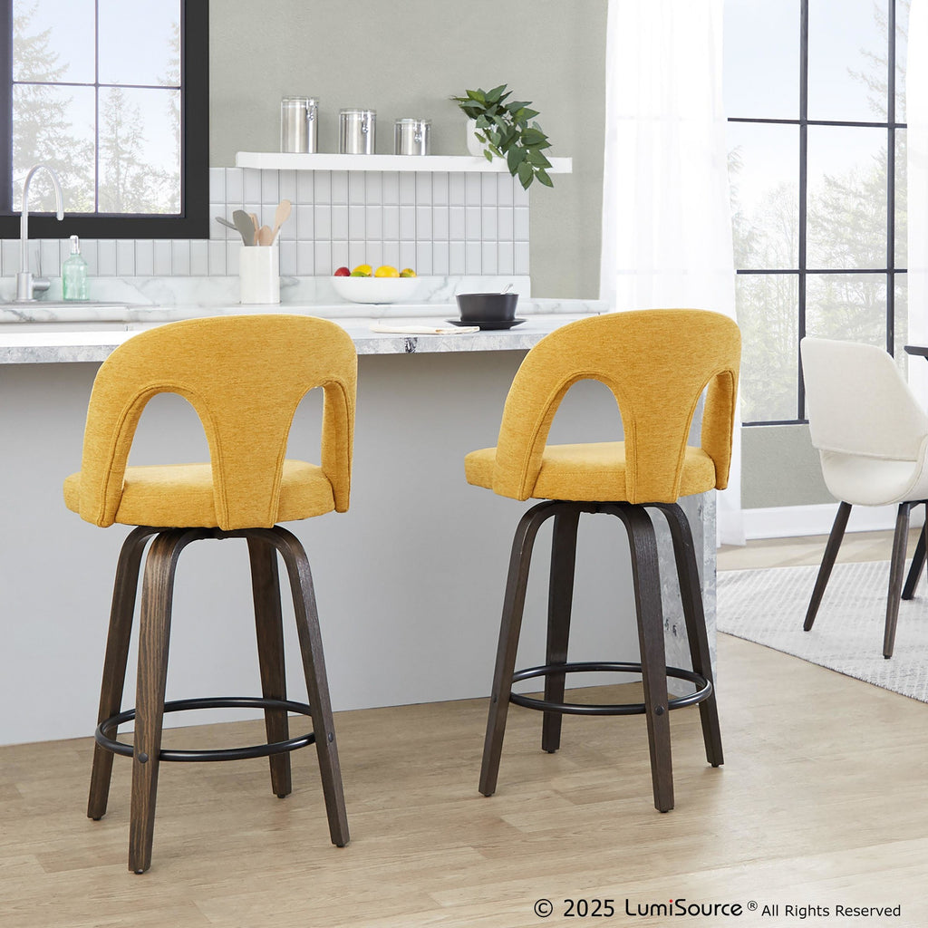 Ava Upholstered 26" Fixed-Height Counter Stool - Set of 2 - Walnut Glazed Wood, Yellow Fabric, Black Metal