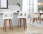 Ava Upholstered 26" Fixed-Height Counter Stool - Set of 2 - Walnut Wood, Snow White Fabric, Chrome Metal