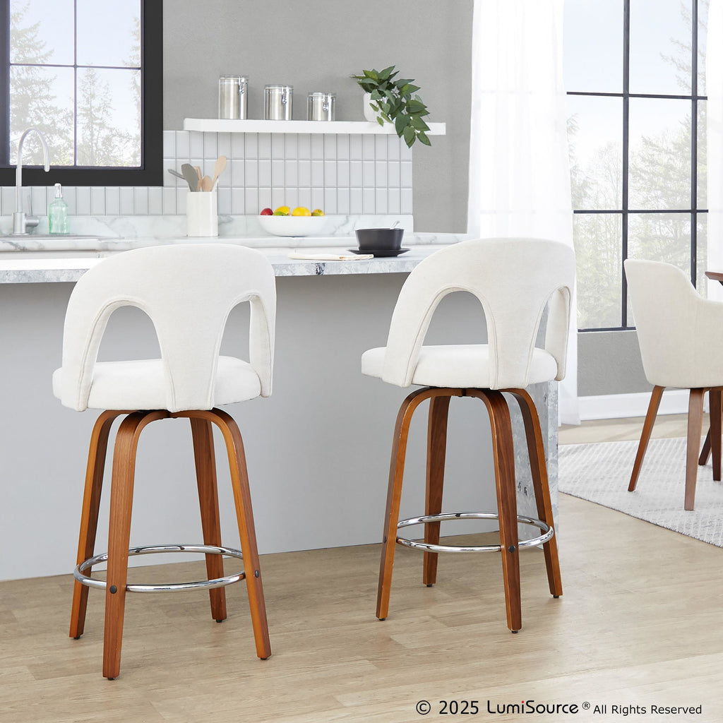 Ava Upholstered 26" Fixed-Height Counter Stool - Set of 2 - Walnut Wood, Snow White Fabric, Chrome Metal