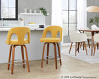 Ava Upholstered 26" Fixed-Height Counter Stool - Set of 2 - Walnut Wood, Yellow Fabric, Chrome Metal
