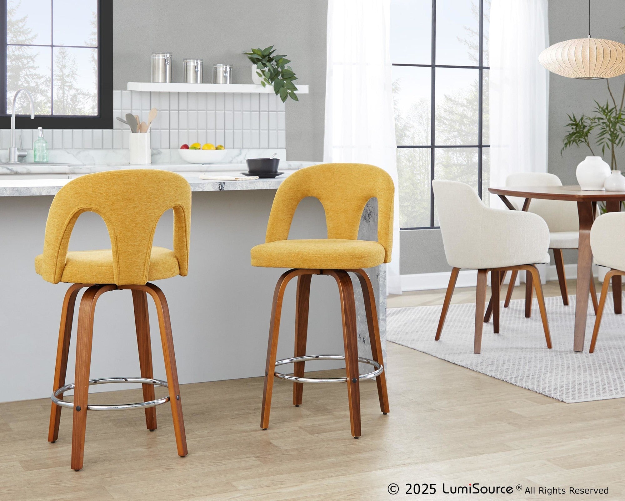 Ava Upholstered 26" Fixed-Height Counter Stool - Set of 2 - Walnut Wood, Yellow Fabric, Chrome Metal