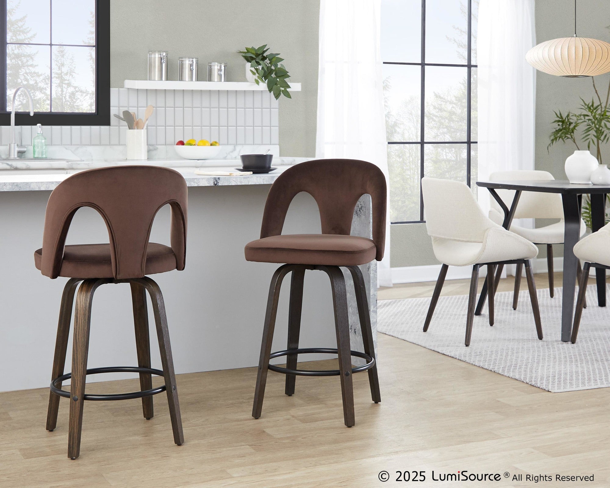 Ava Upholstered 26" Fixed-Height Counter Stool - Set of 2 - Walnut Glazed Wood, Espresso Velvet, Black Metal