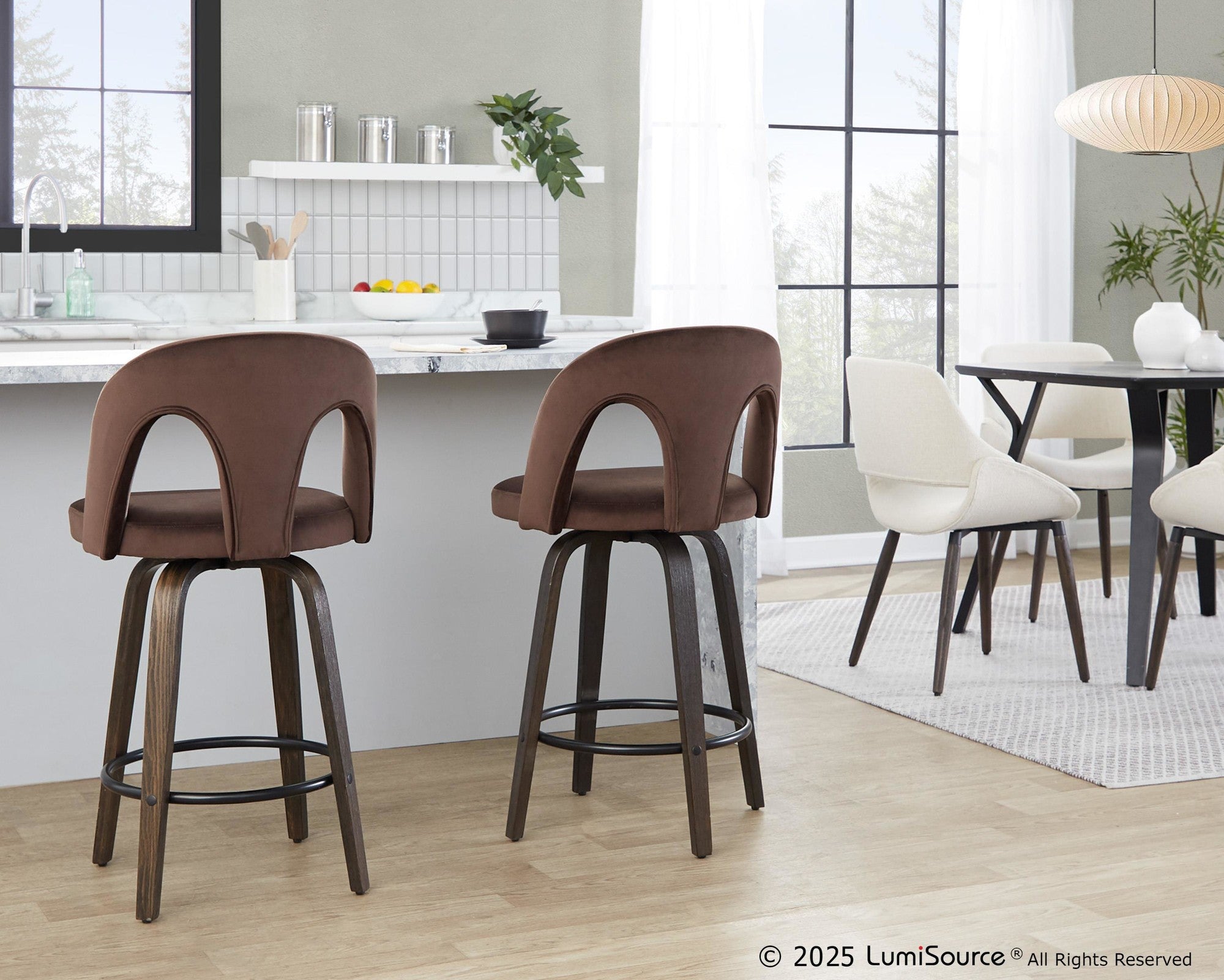 Ava Upholstered 26" Fixed-Height Counter Stool - Set of 2 - Walnut Glazed Wood, Espresso Velvet, Black Metal