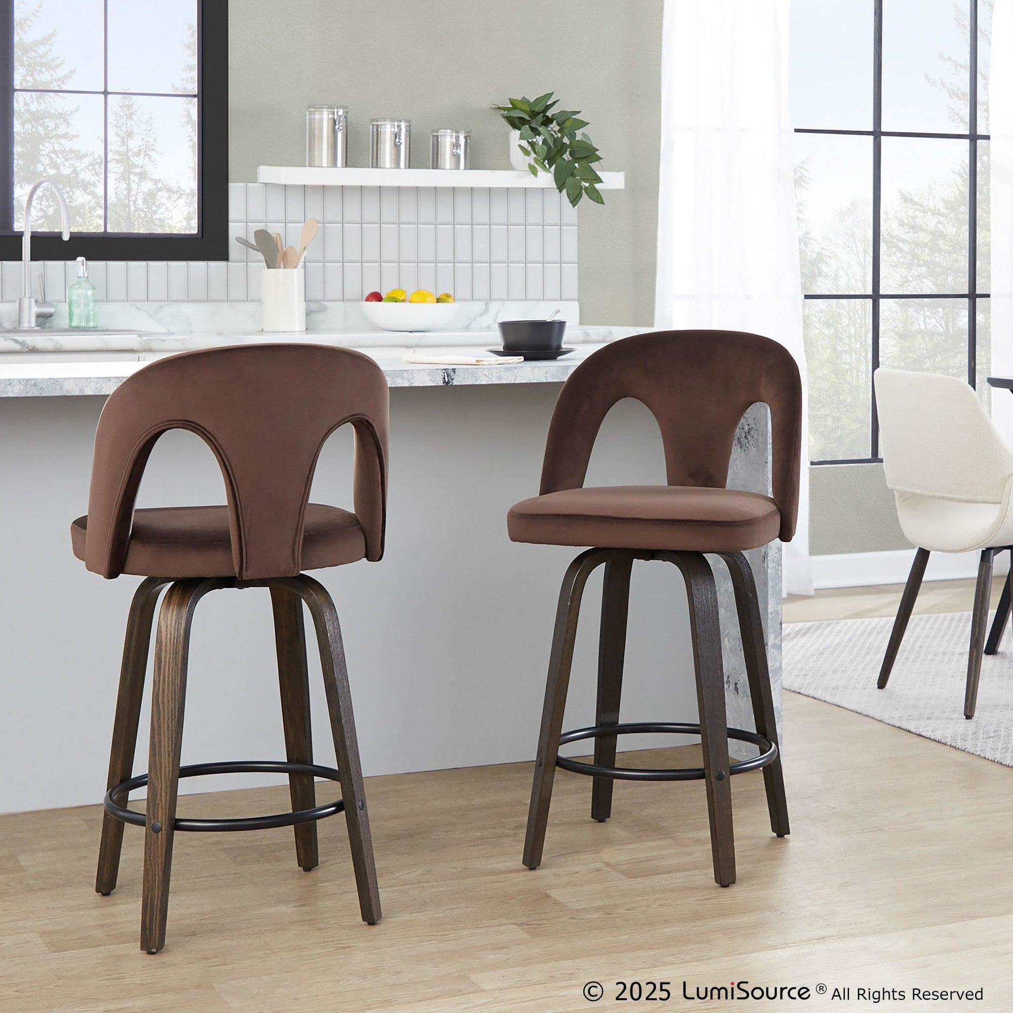 Ava Upholstered 26" Fixed-Height Counter Stool - Set of 2 - Walnut Glazed Wood, Espresso Velvet, Black Metal