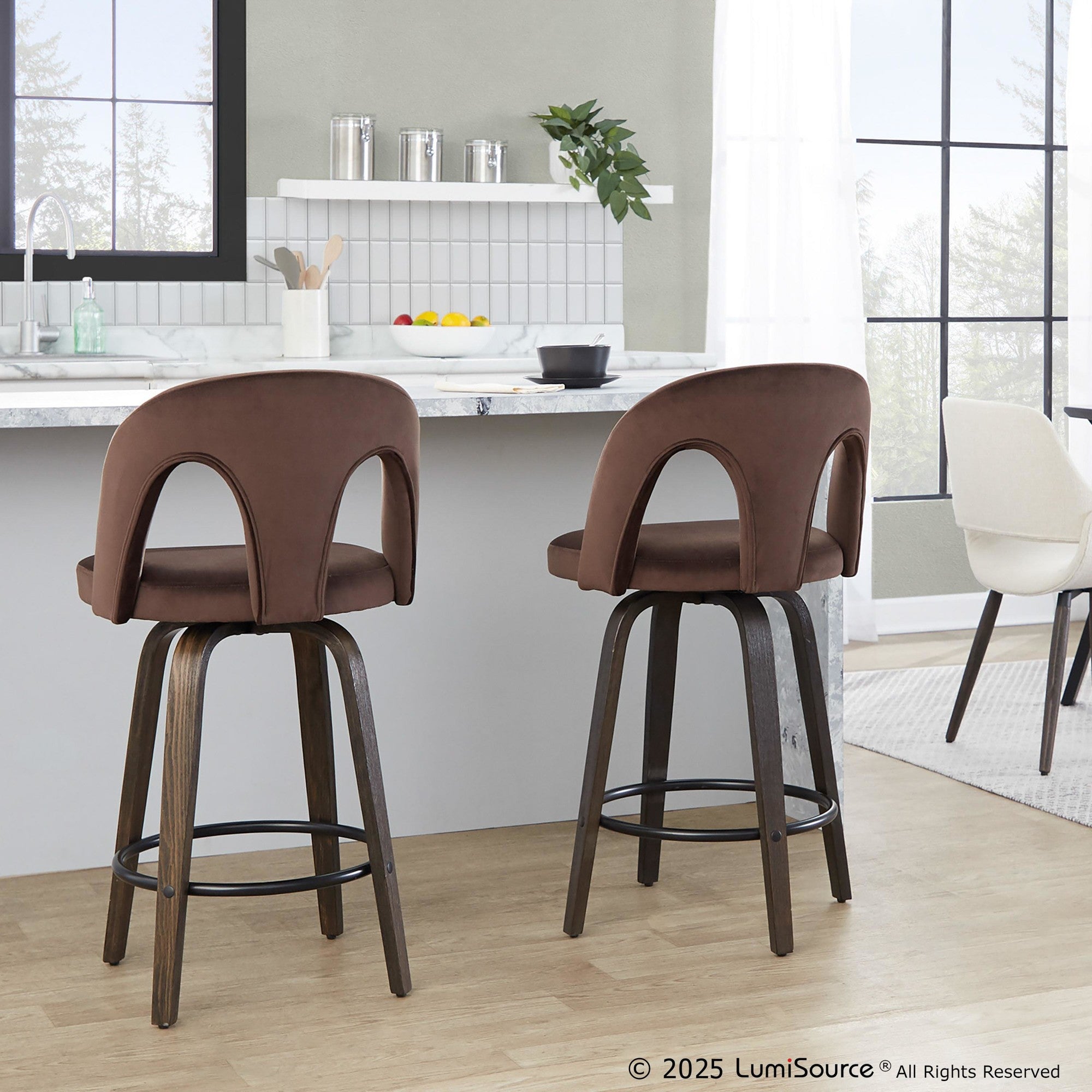 Ava Upholstered 26" Fixed-Height Counter Stool - Set of 2 - Walnut Glazed Wood, Espresso Velvet, Black Metal