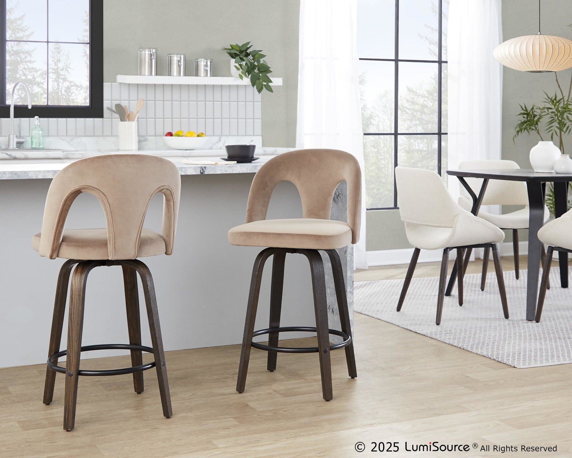 Ava Upholstered 26" Fixed-Height Counter Stool - Set of 2 - Walnut Glazed Wood, Taupe Velvet, Black Metal