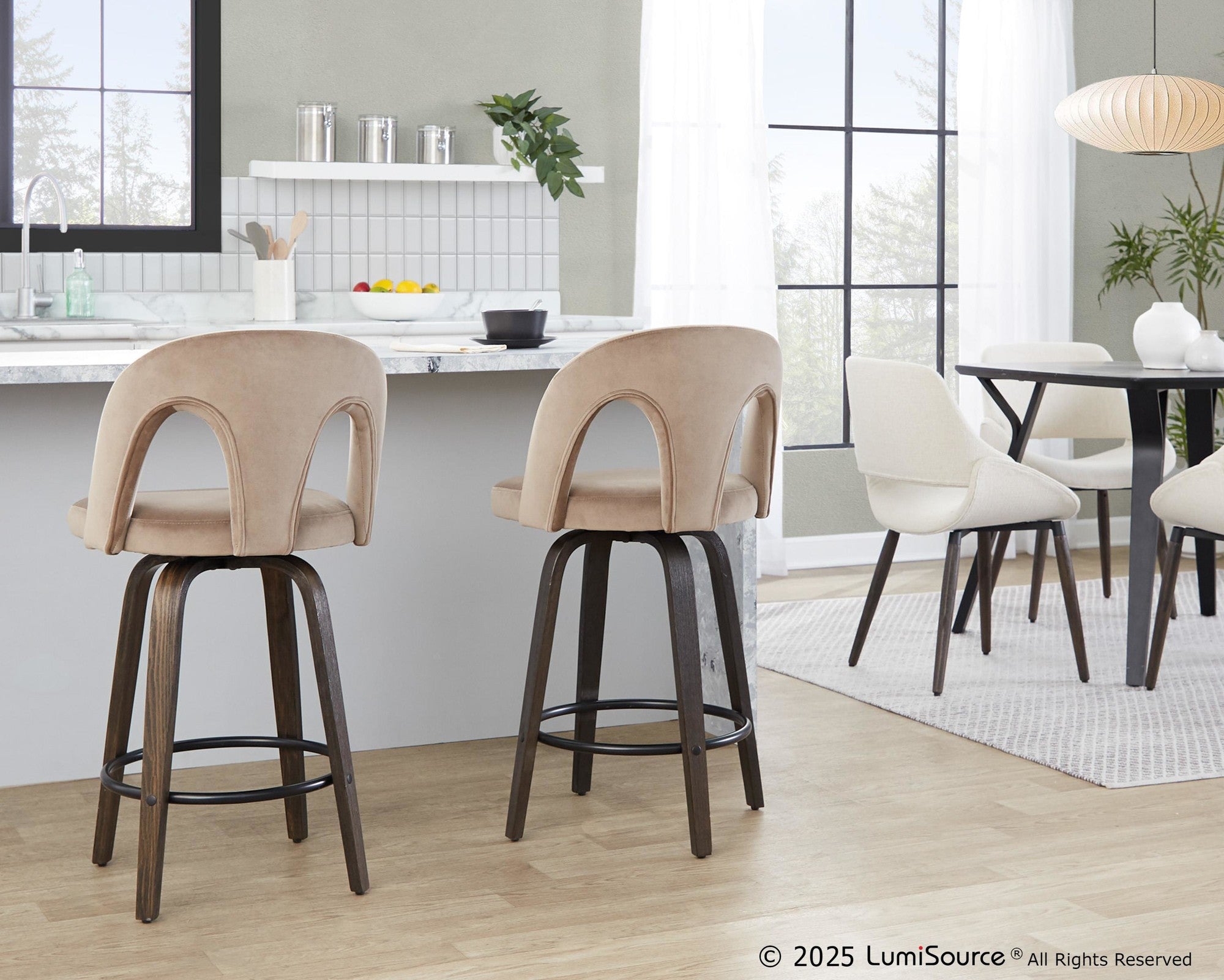 Ava Upholstered 26" Fixed-Height Counter Stool - Set of 2 - Walnut Glazed Wood, Taupe Velvet, Black Metal