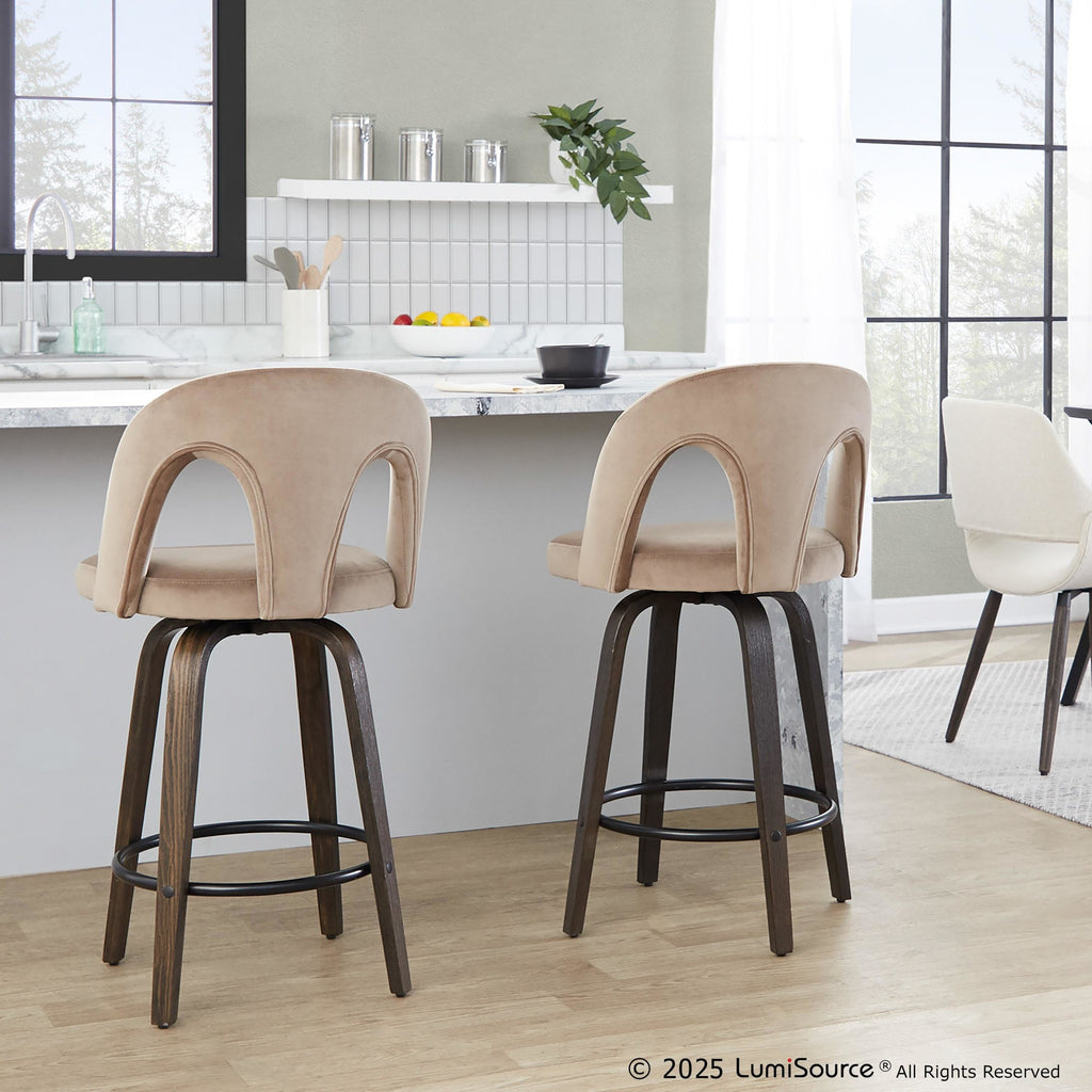 Ava Upholstered 26" Fixed-Height Counter Stool - Set of 2 - Walnut Glazed Wood, Taupe Velvet, Black Metal