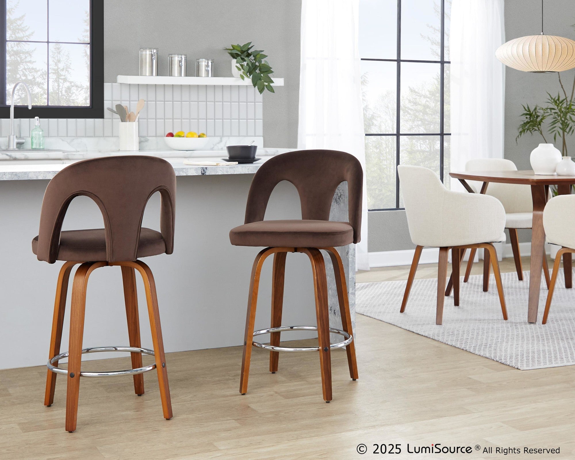 Ava Upholstered 26" Fixed-Height Counter Stool - Set of 2 - Walnut Wood, Espresso Velvet, Chrome Metal