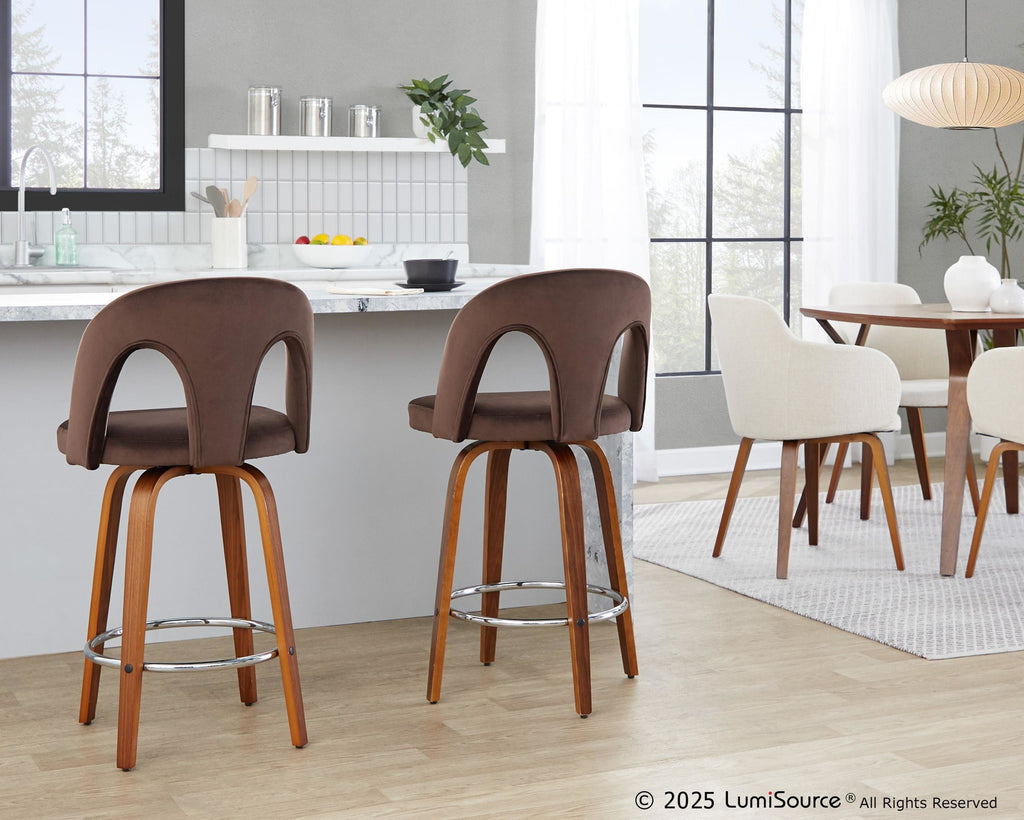 Ava Upholstered 26" Fixed-Height Counter Stool - Set of 2 - Walnut Wood, Espresso Velvet, Chrome Metal