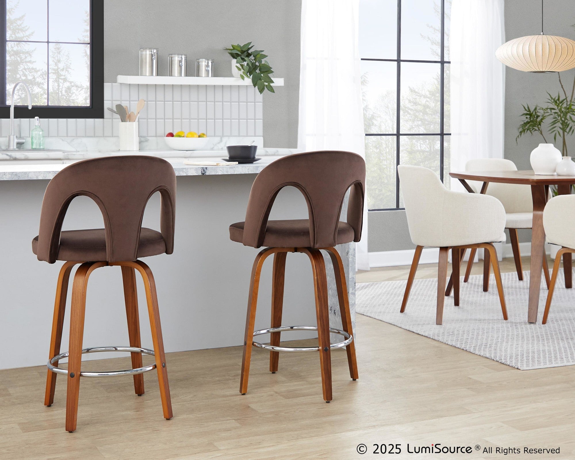 Ava Upholstered 26" Fixed-Height Counter Stool - Set of 2 - Walnut Wood, Espresso Velvet, Chrome Metal