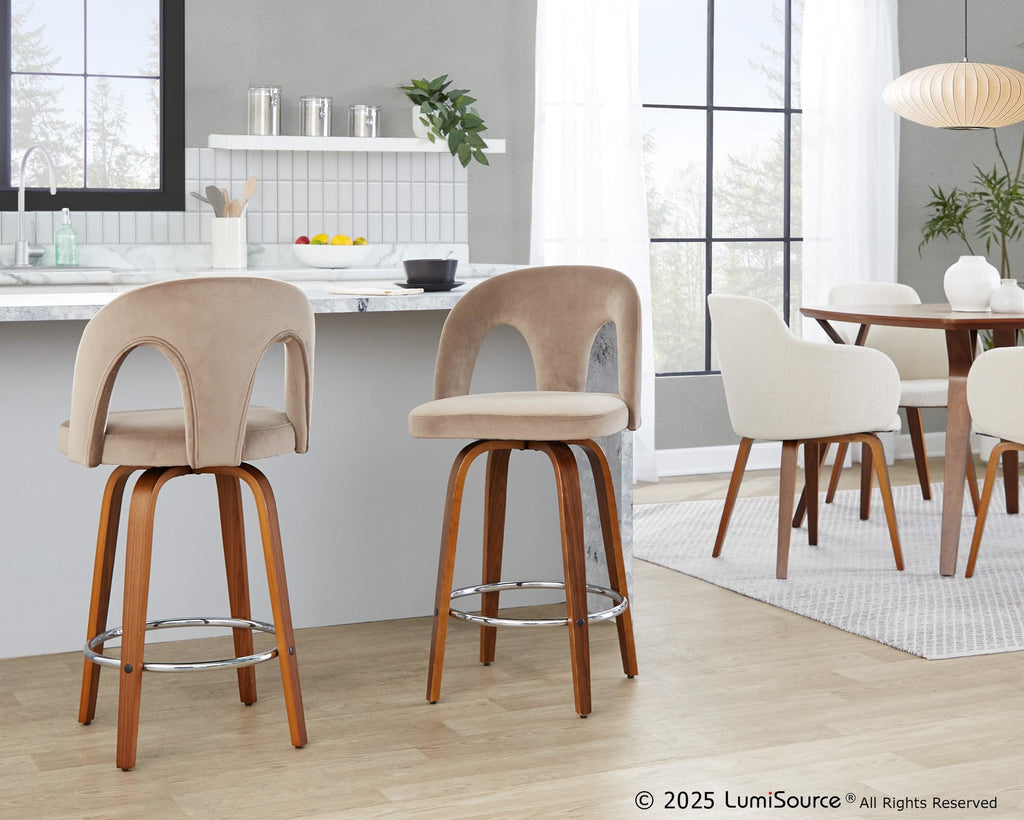 Ava Upholstered 26" Fixed-Height Counter Stool - Set of 2 - Walnut Wood, Taupe Velvet, Chrome Metal