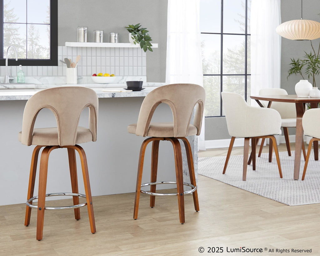 Ava Upholstered 26" Fixed-Height Counter Stool - Set of 2 - Walnut Wood, Taupe Velvet, Chrome Metal