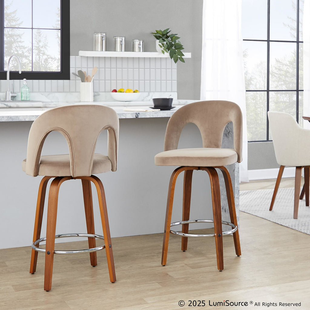 Ava Upholstered 26" Fixed-Height Counter Stool - Set of 2 - Walnut Wood, Taupe Velvet, Chrome Metal