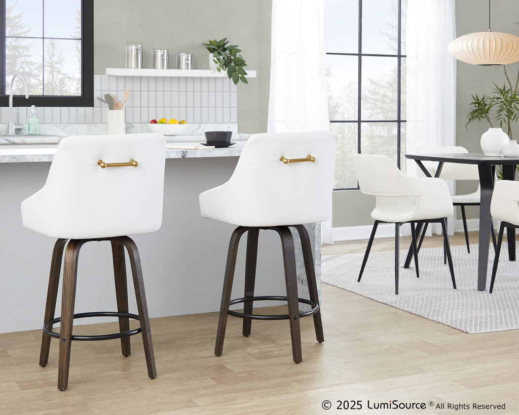 Hannah 26" Fixed-Height Counter Stool - Set of 2 - Walnut Glazed Wood, White PU, Gold Metal, Black Metal