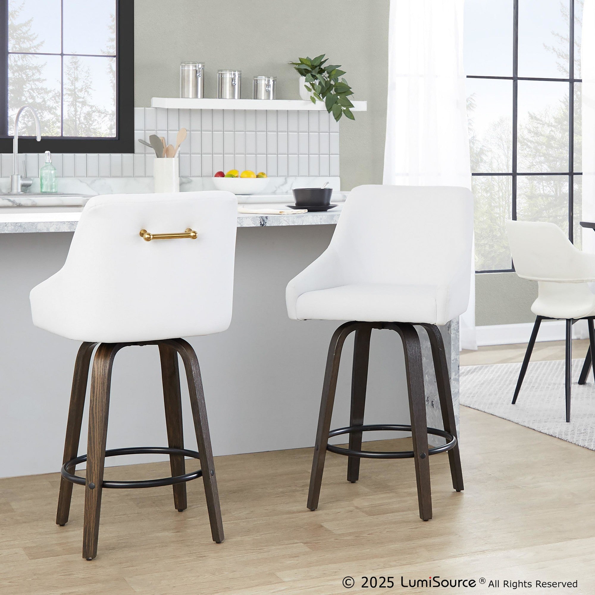 Hannah 26" Fixed-Height Counter Stool - Set of 2 - Walnut Glazed Wood, White PU, Gold Metal, Black Metal