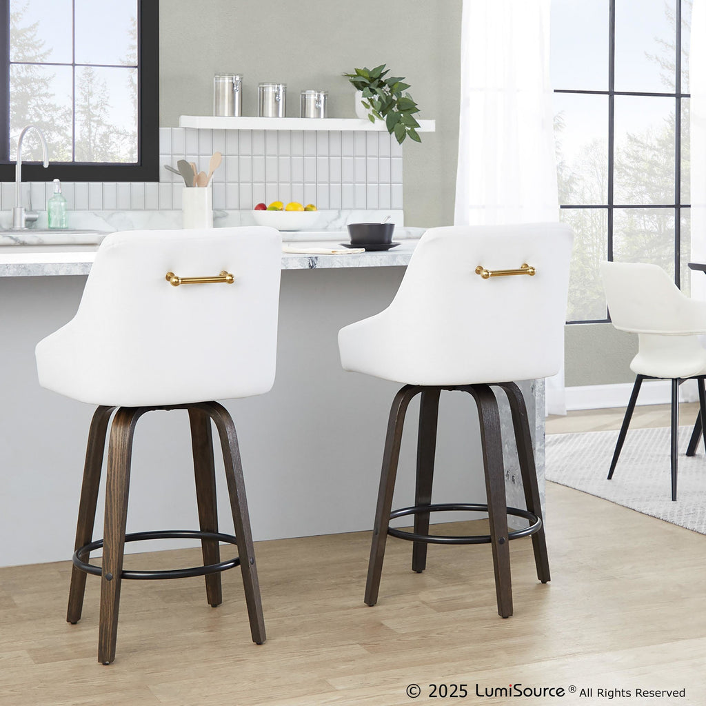 Hannah 26" Fixed-Height Counter Stool - Set of 2 - Walnut Glazed Wood, White PU, Gold Metal, Black Metal