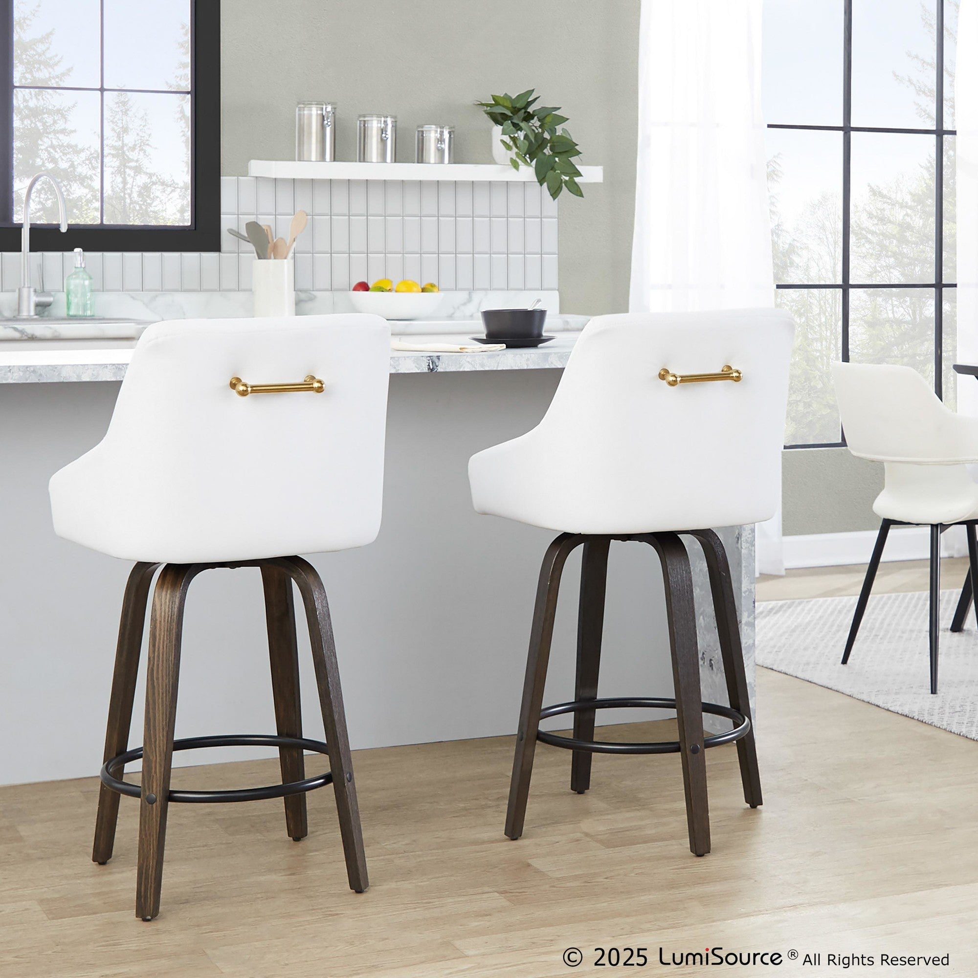 Hannah 26" Fixed-Height Counter Stool - Set of 2 - Walnut Glazed Wood, White PU, Gold Metal, Black Metal