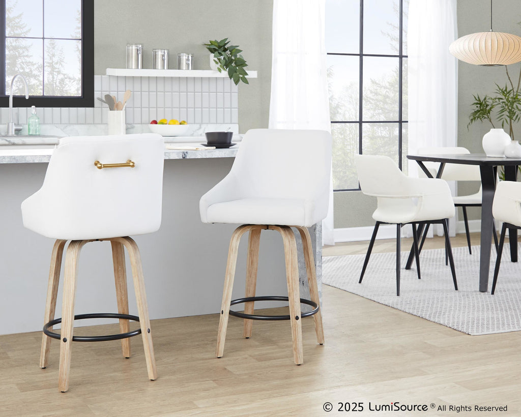 Hannah 26" Fixed-Height Counter Stool - Set of 2 - Whitewashed Wood, White PU, Gold Metal, Black Metal