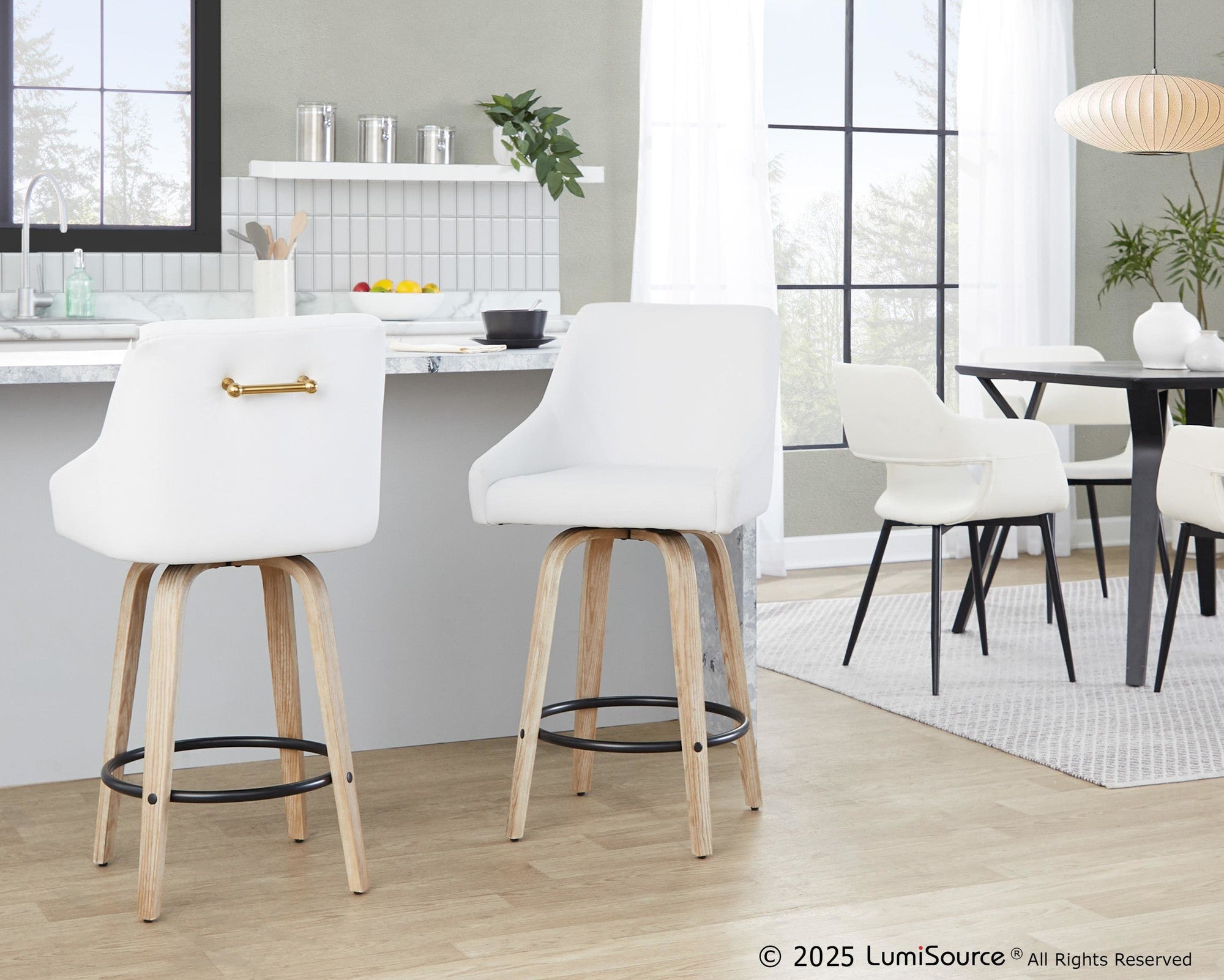 Hannah 26" Fixed-Height Counter Stool - Set of 2 - Whitewashed Wood, White PU, Gold Metal, Black Metal