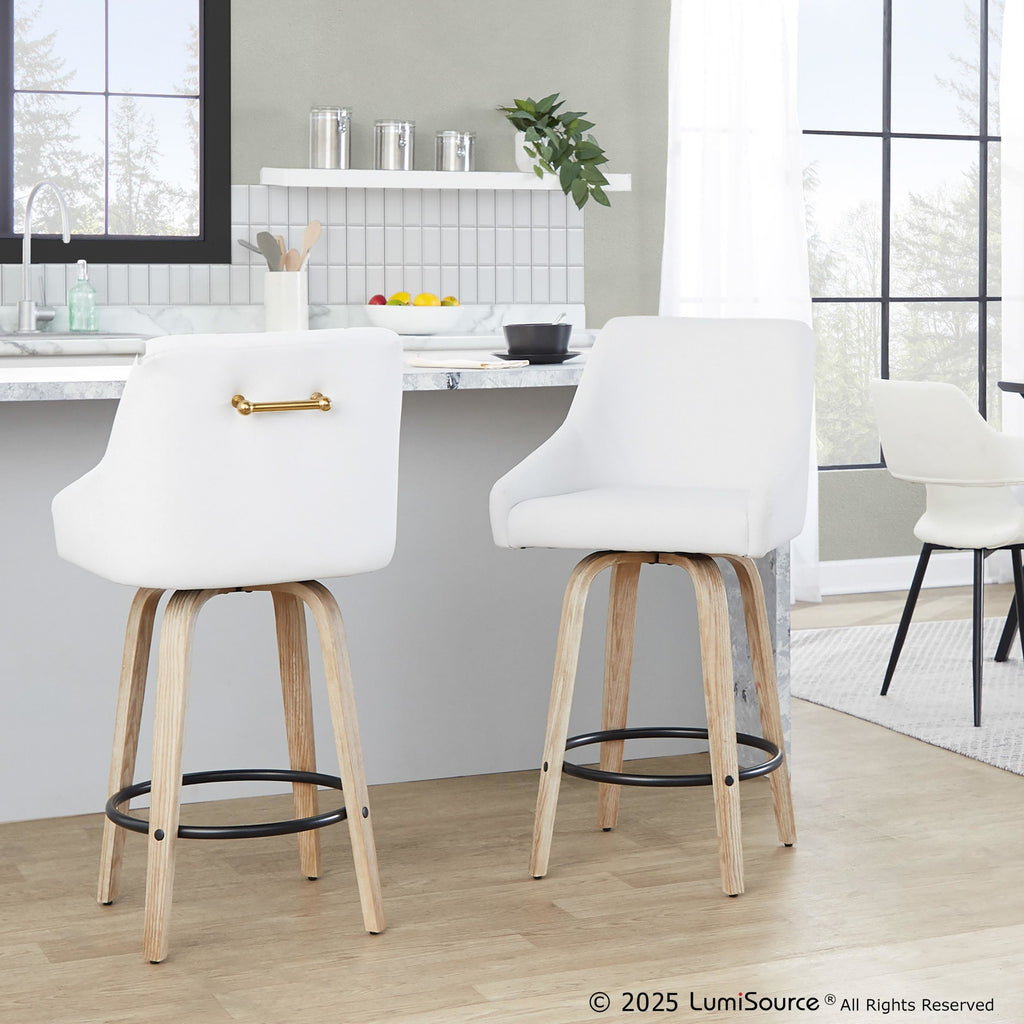 Hannah 26" Fixed-Height Counter Stool - Set of 2 - Whitewashed Wood, White PU, Gold Metal, Black Metal