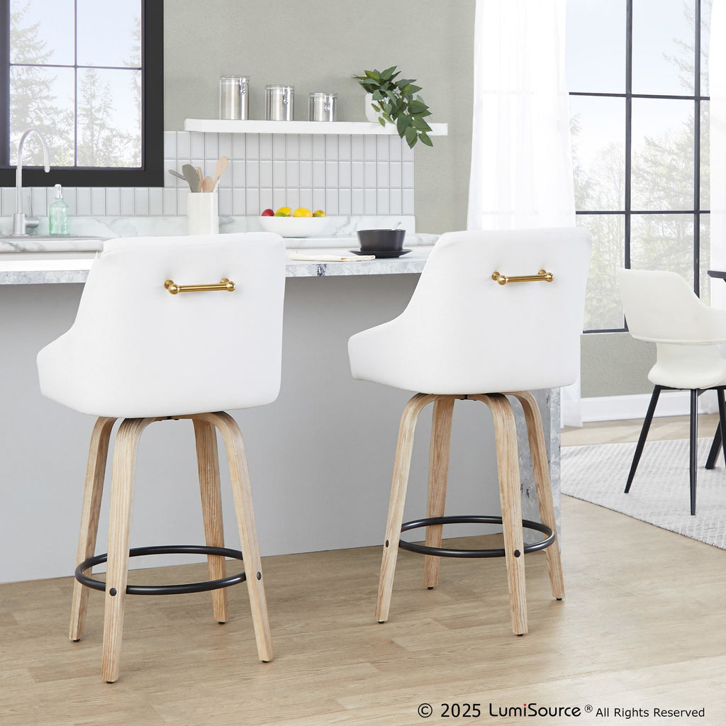 Hannah 26" Fixed-Height Counter Stool - Set of 2 - Whitewashed Wood, White PU, Gold Metal, Black Metal