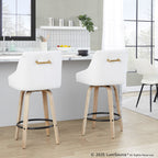 Hannah 26" Fixed-Height Counter Stool - Set of 2 - Whitewashed Wood, White PU, Gold Metal, Black Metal