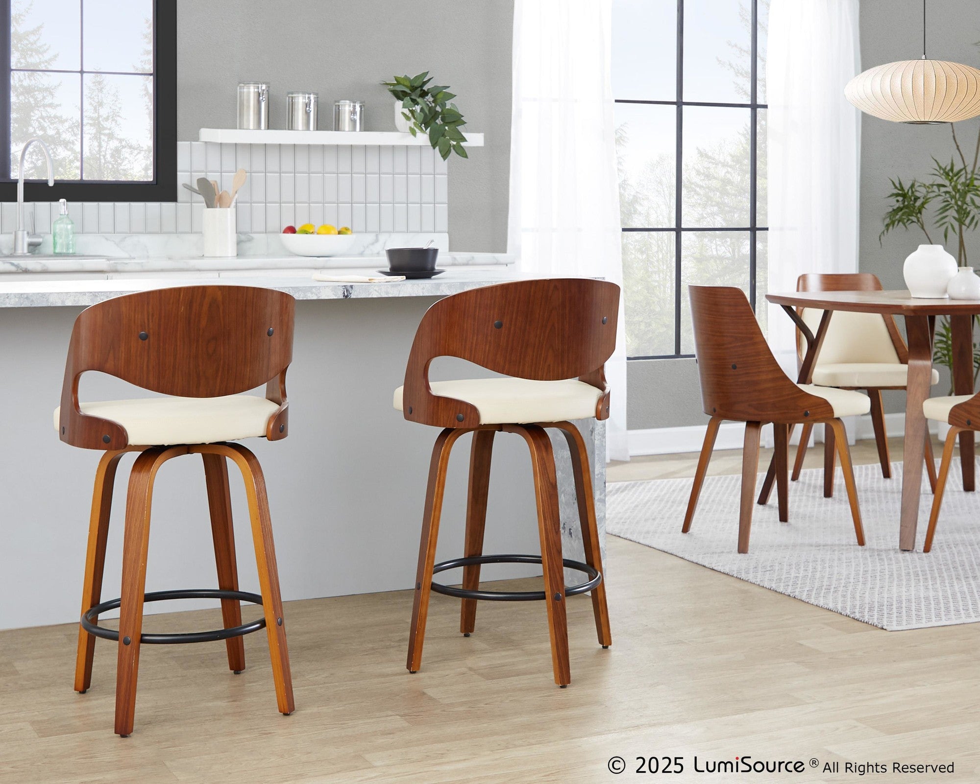 Pino 26" Fixed-Height Counter Stool - Set of 2 - Walnut Wood, Cream PU, Black Metal