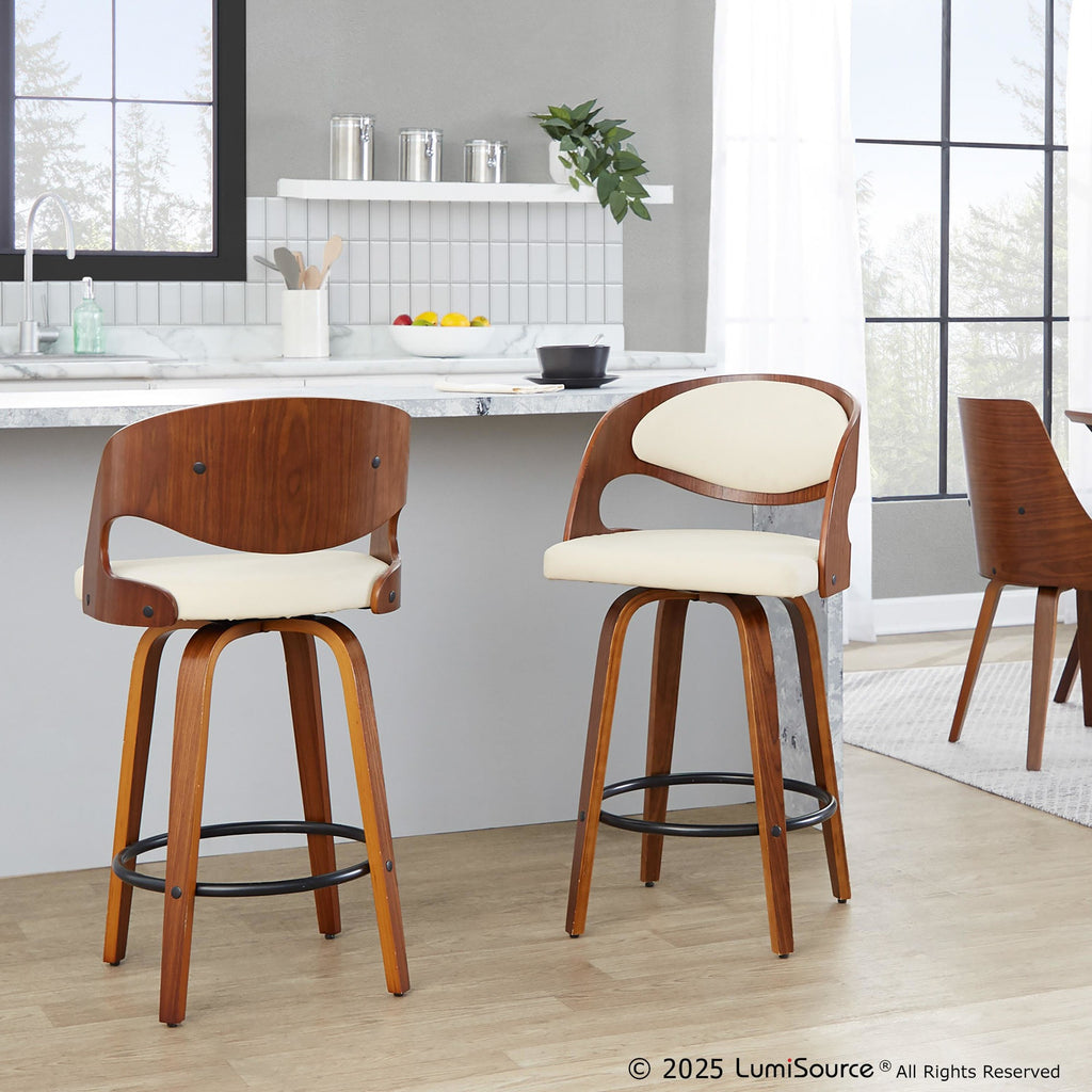 Pino 26" Fixed-Height Counter Stool - Set of 2 - Walnut Wood, Cream PU, Black Metal