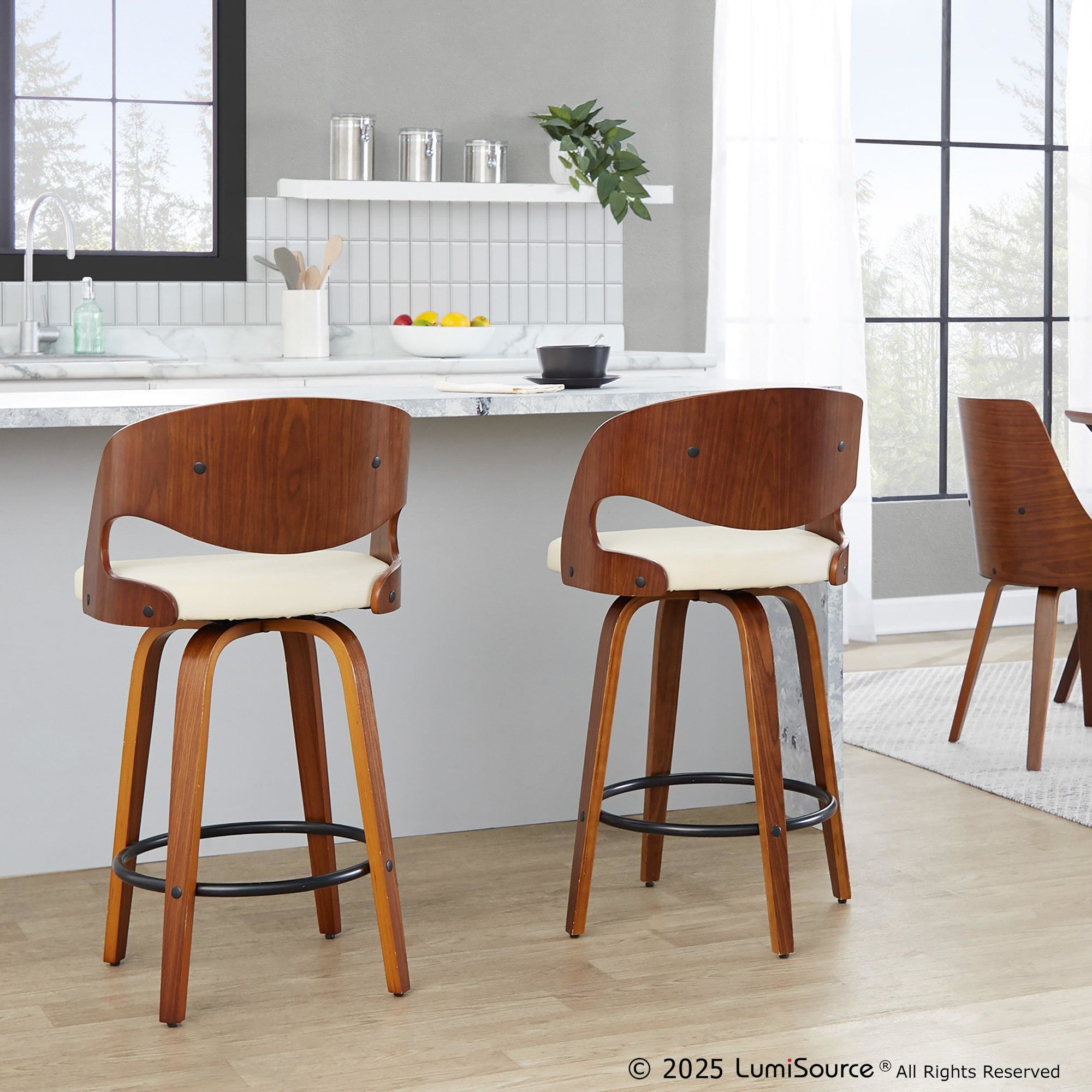 Pino 26" Fixed-Height Counter Stool - Set of 2 - Walnut Wood, Cream PU, Black Metal