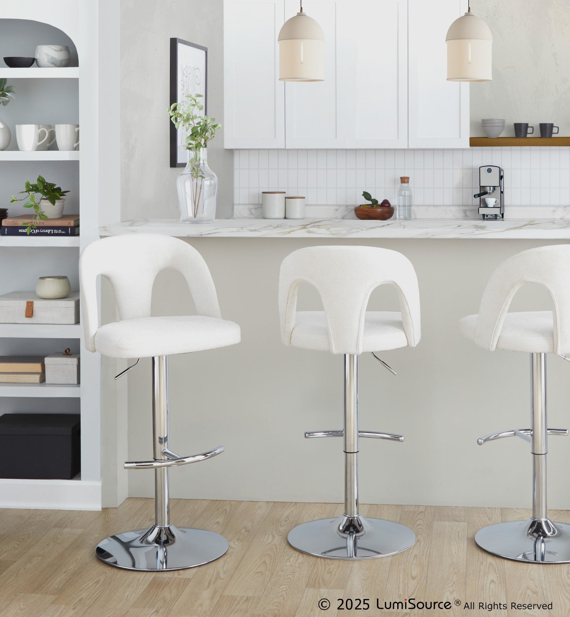 Ava Upholstered Adjustable Barstool - Set of 2 - Chrome Metal, Snow White Fabric