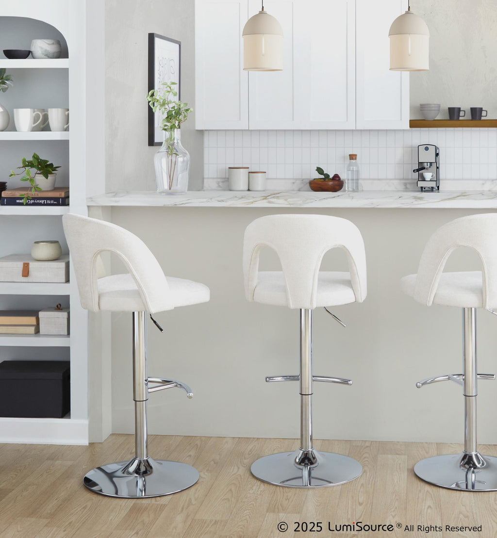 Ava Upholstered Adjustable Barstool - Set of 2 - Chrome Metal, Snow White Fabric