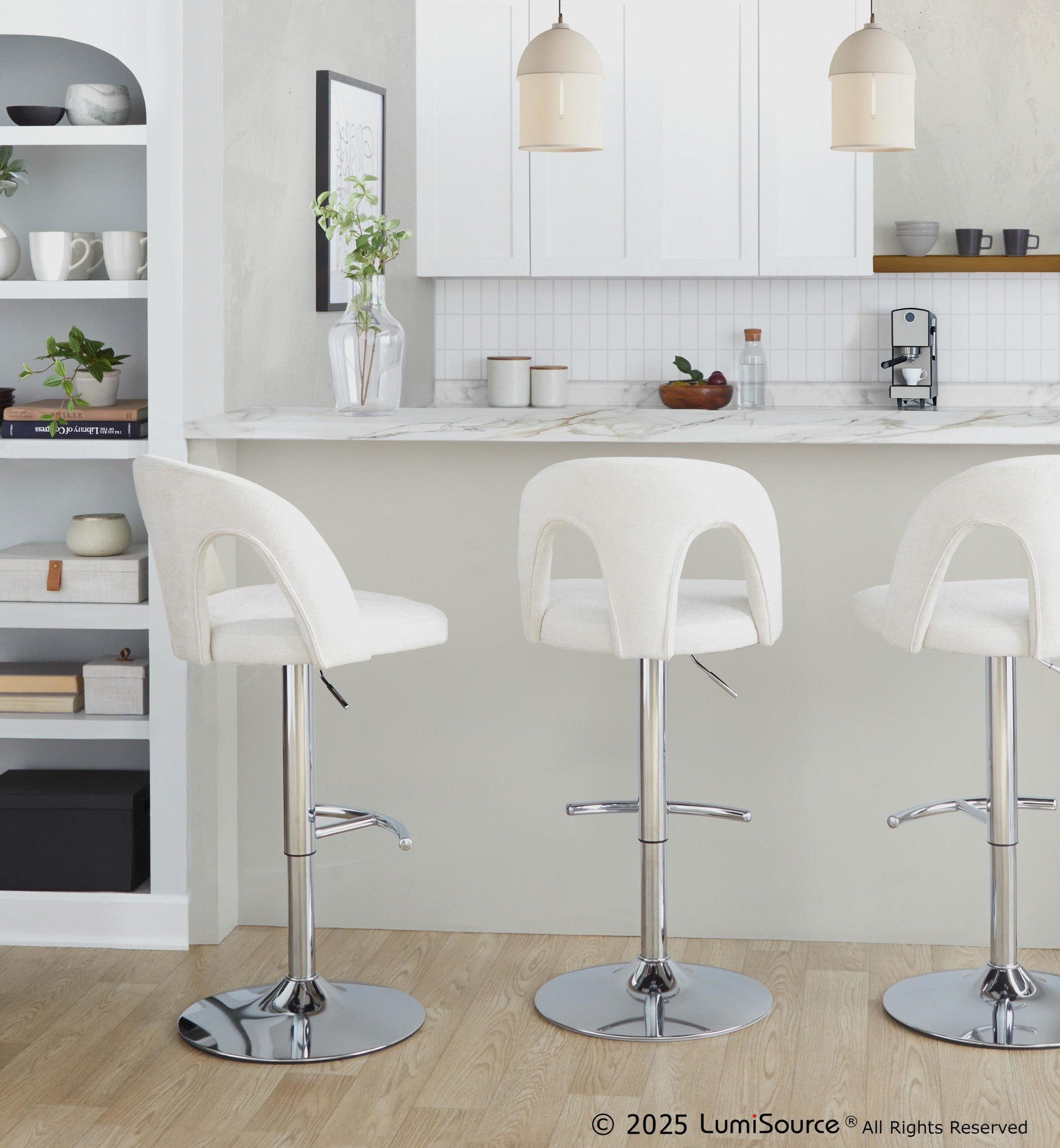 Ava Upholstered Adjustable Barstool - Set of 2 - Chrome Metal, Snow White Fabric