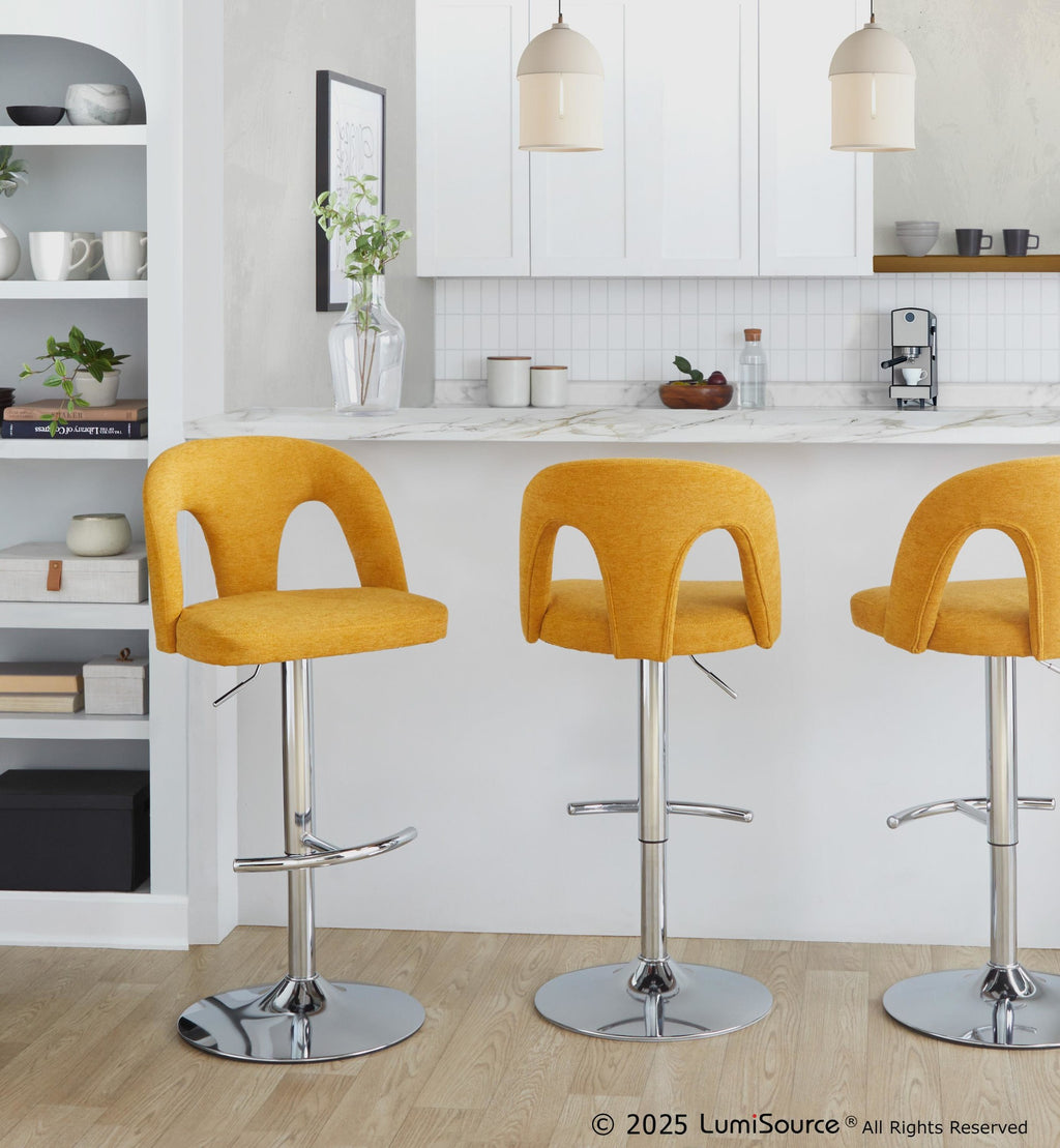 Ava Upholstered Adjustable Barstool - Set of 2 - Chrome Metal, Yellow Fabric