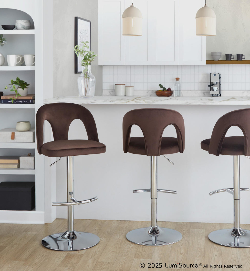 Ava Upholstered Adjustable Barstool - Set of 2 - Chrome Metal, Espresso Velvet