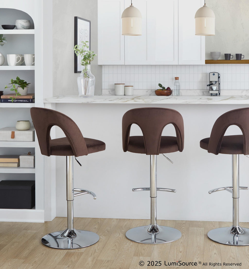 Ava Upholstered Adjustable Barstool - Set of 2 - Chrome Metal, Espresso Velvet