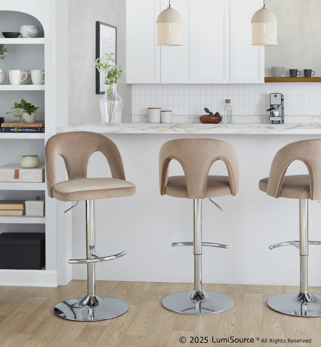Ava Upholstered Adjustable Barstool - Set of 2 - Chrome Metal, Taupe Velvet
