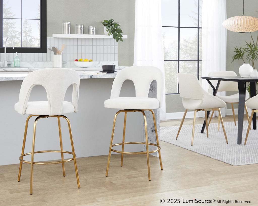 Ava Upholstered 26" Fixed-Height Counter Stool - Set of 2 - Gold Metal, Snow White Fabric