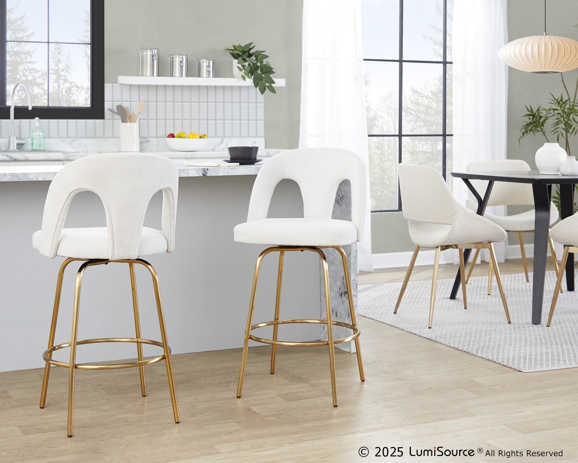 Ava Upholstered 26" Fixed-Height Counter Stool - Set of 2 - Gold Metal, Snow White Fabric