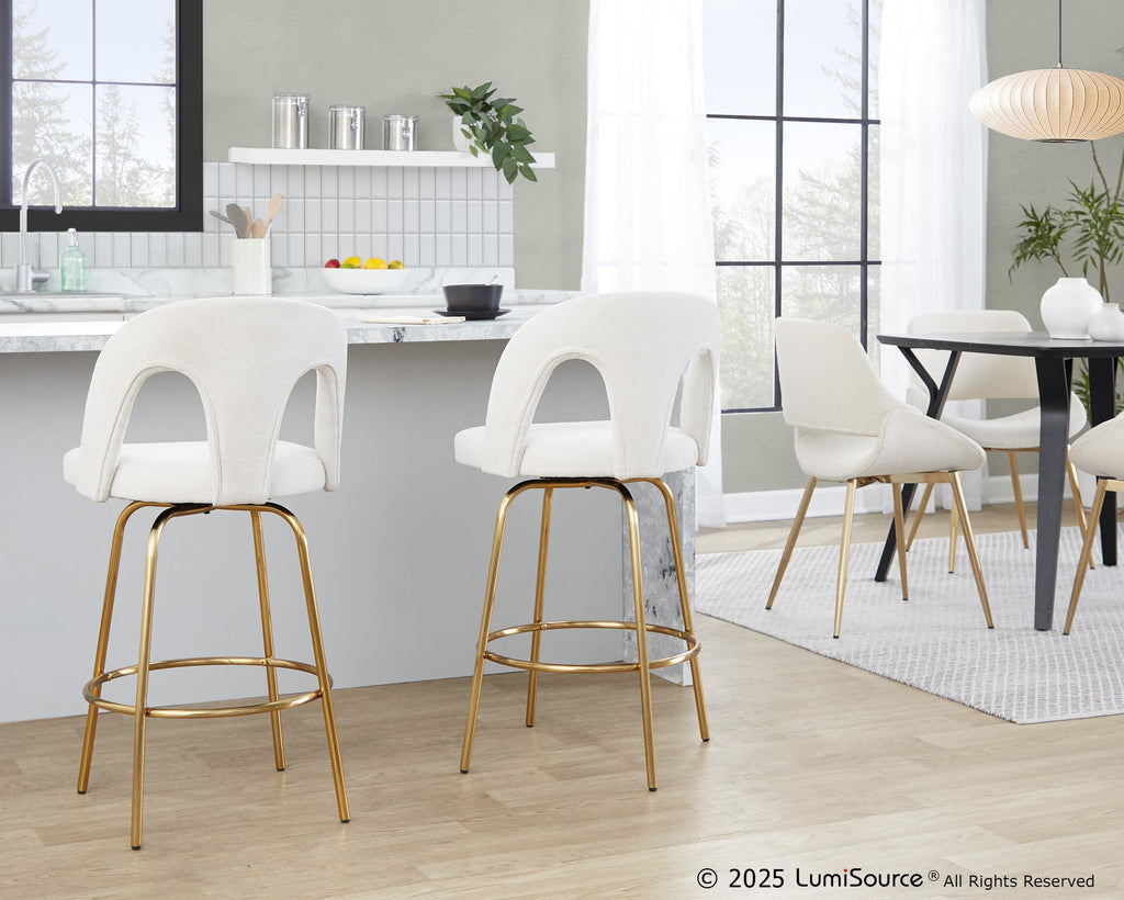Ava Upholstered 26" Fixed-Height Counter Stool - Set of 2 - Gold Metal, Snow White Fabric
