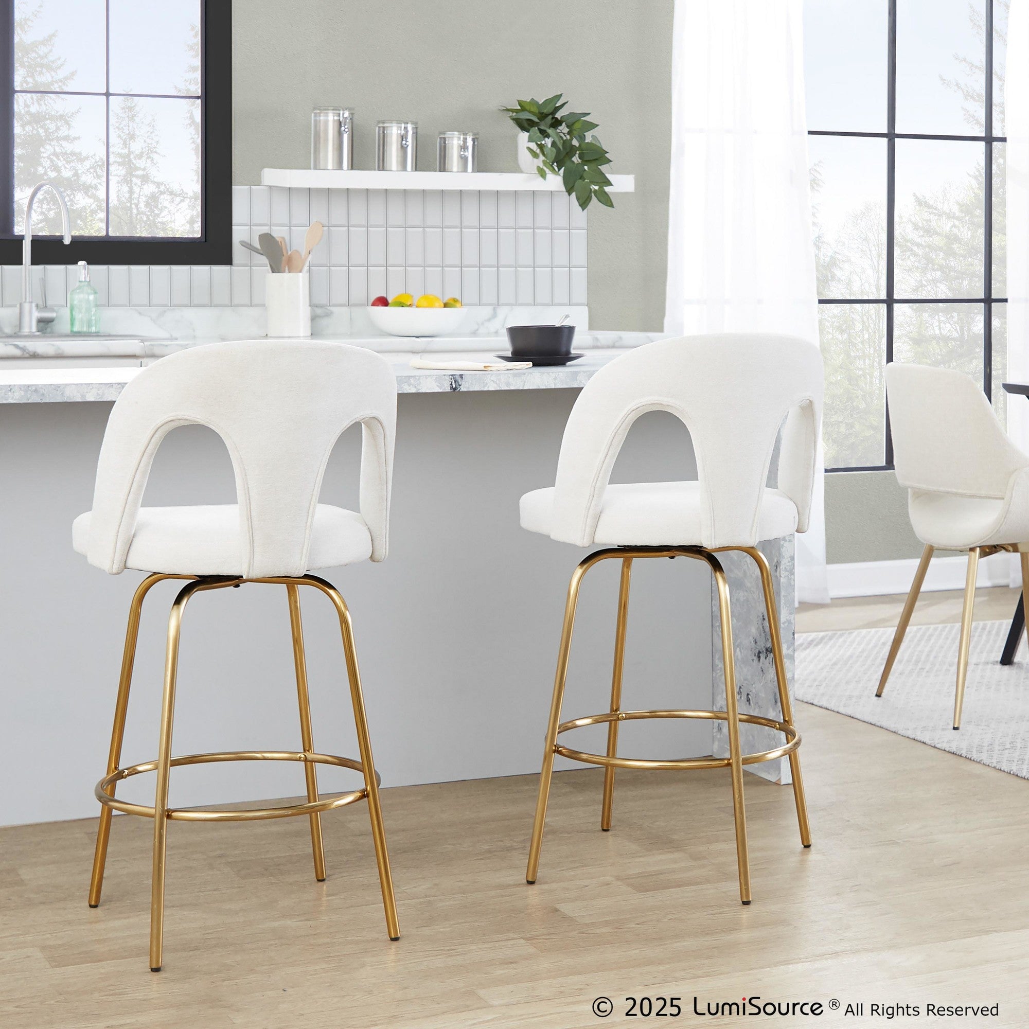 Ava Upholstered 26" Fixed-Height Counter Stool - Set of 2 - Gold Metal, Snow White Fabric