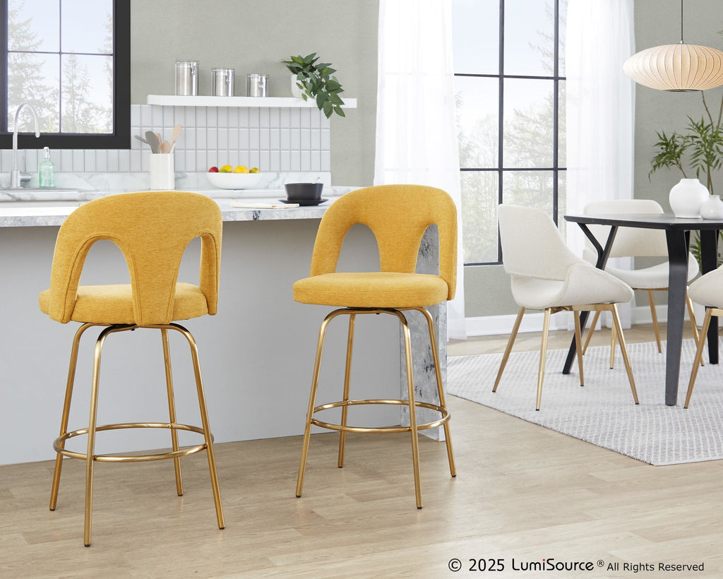 Ava Upholstered 26" Fixed-Height Counter Stool - Set of 2 - Gold Metal, Yellow Fabric