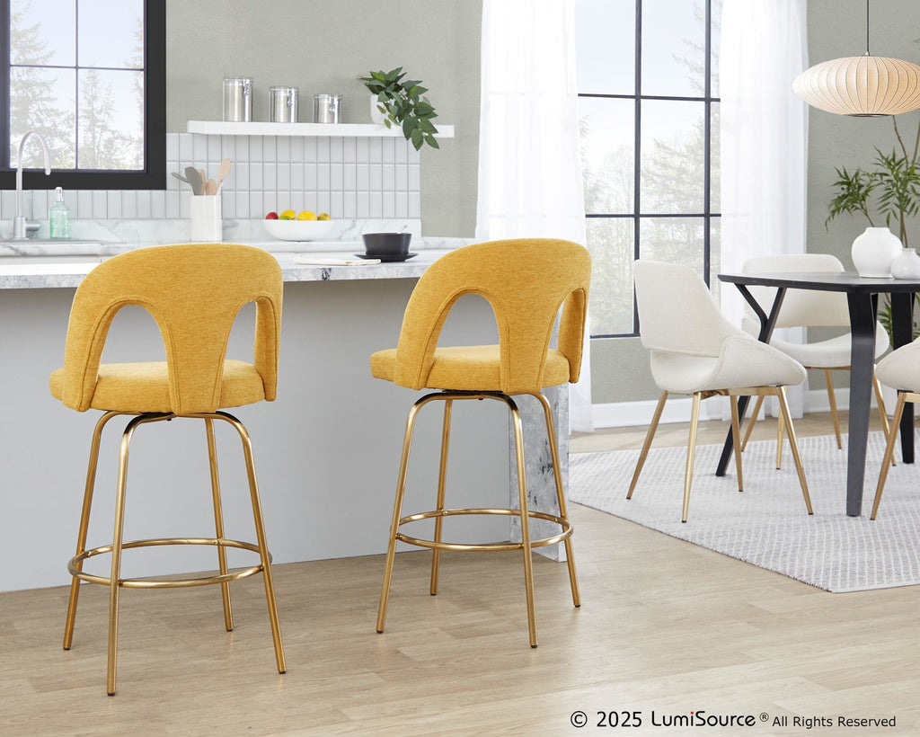 Ava Upholstered 26" Fixed-Height Counter Stool - Set of 2 - Gold Metal, Yellow Fabric