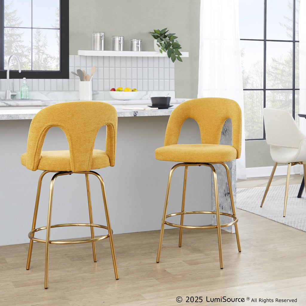 Ava Upholstered 26" Fixed-Height Counter Stool - Set of 2 - Gold Metal, Yellow Fabric