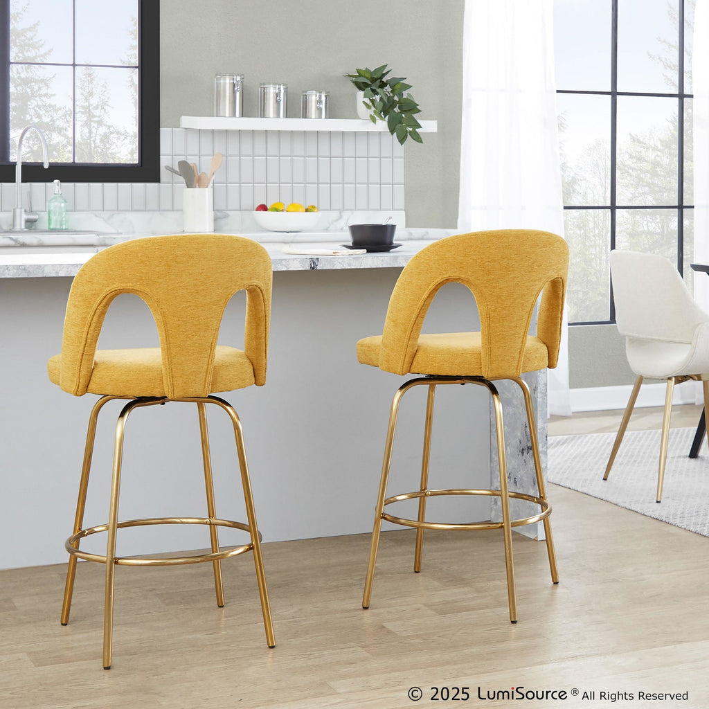Ava Upholstered 26" Fixed-Height Counter Stool - Set of 2 - Gold Metal, Yellow Fabric