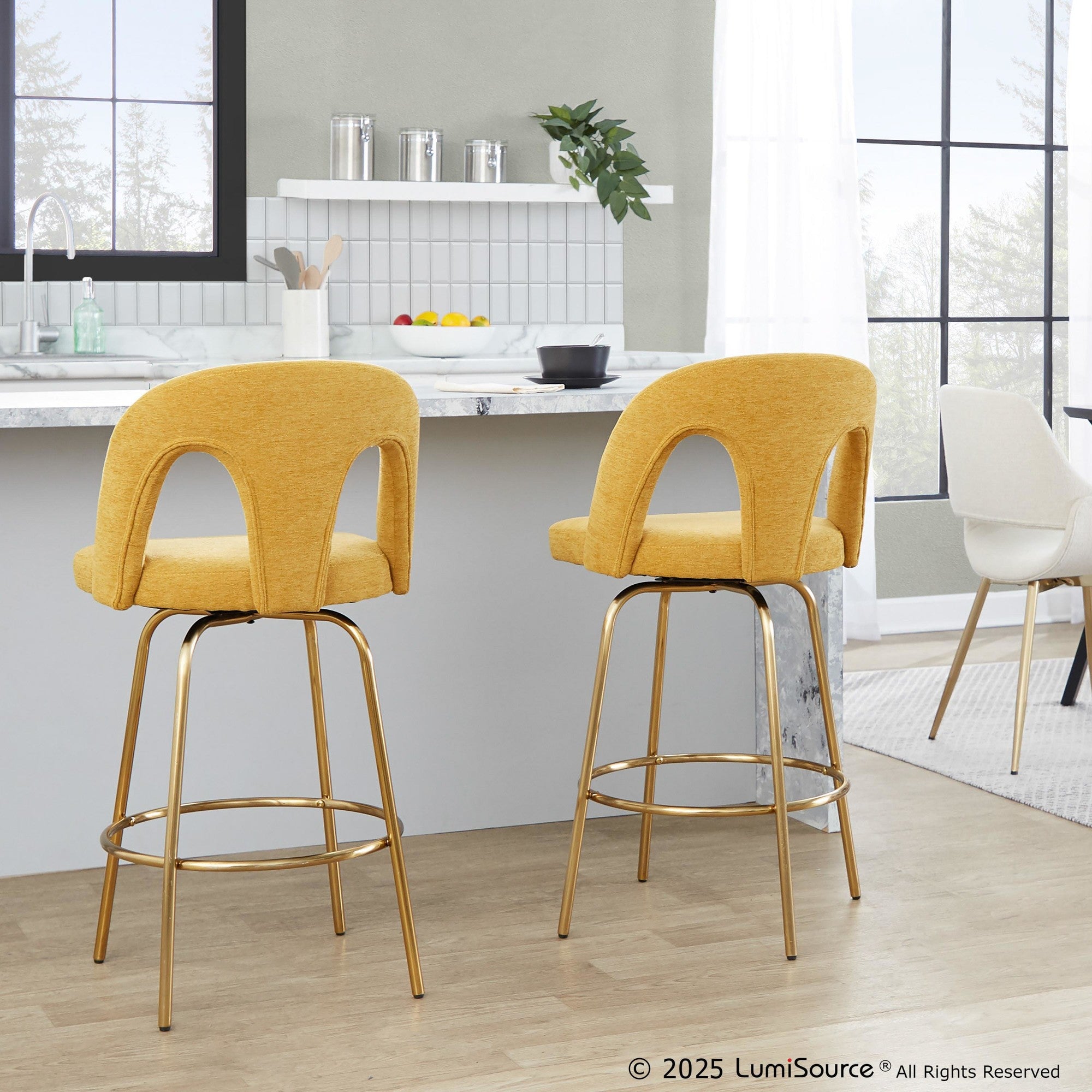 Ava Upholstered 26" Fixed-Height Counter Stool - Set of 2 - Gold Metal, Yellow Fabric
