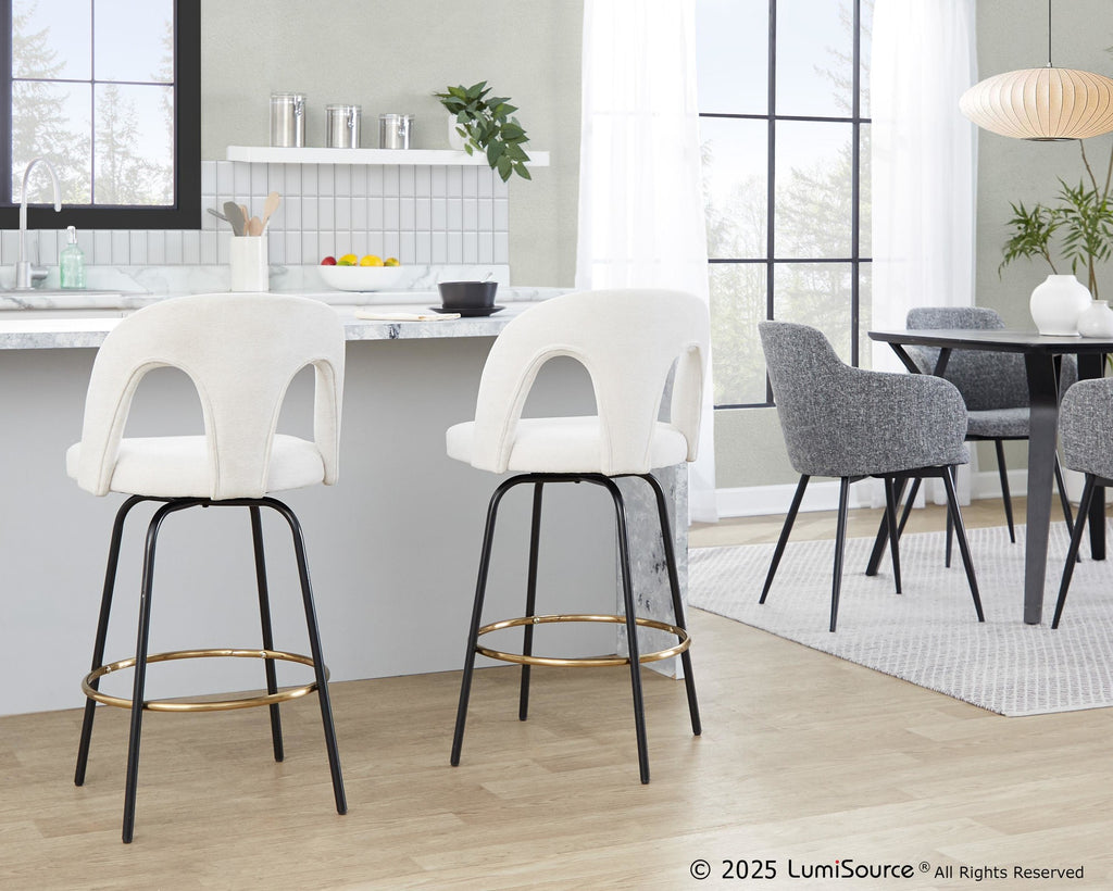Ava Upholstered 26" Fixed-Height Counter Stool - Set of 2 - Black Metal, Snow White Fabric, Gold Metal