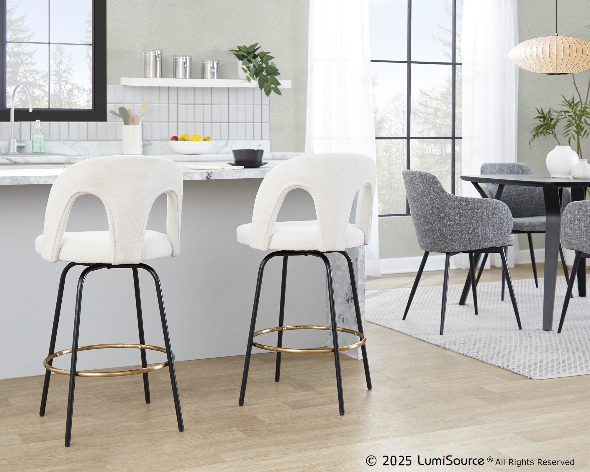 Ava Upholstered 26" Fixed-Height Counter Stool - Set of 2 - Black Metal, Snow White Fabric, Gold Metal