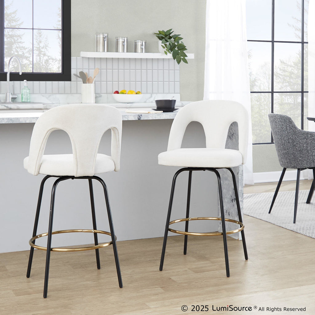 Ava Upholstered 26" Fixed-Height Counter Stool - Set of 2 - Black Metal, Snow White Fabric, Gold Metal